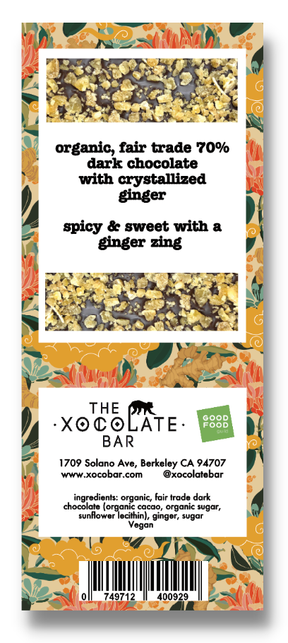 The Xocolate Bar - Candied Ginger Bar - organic vegan dark chocolate