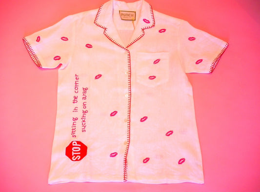 Tropical Punch 100% Hand Embroidered Linen Button-Down -Stop sitting in the corner sucking on a rag