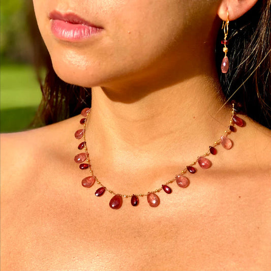 Amalia Ali'i Necklace Strawberry Quartz and Garnet and Gold Ali'i-31